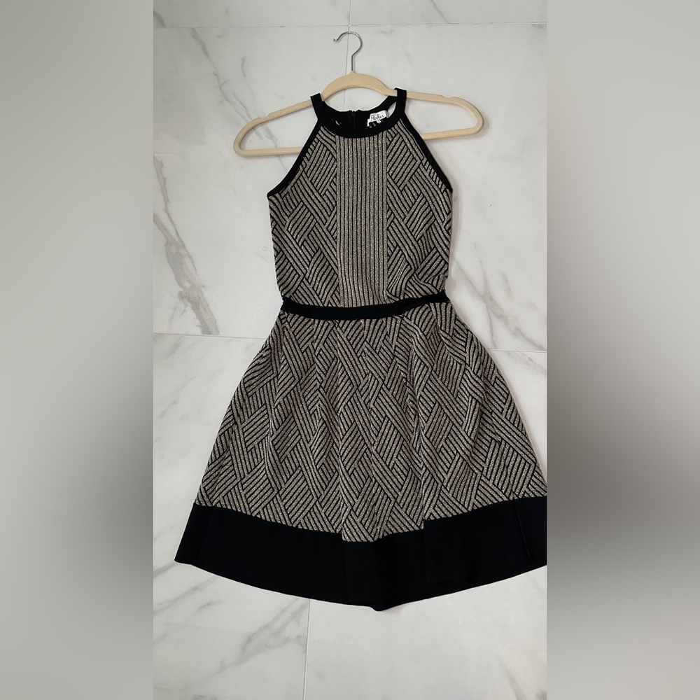 Parker Metallic Thread Halter Dress – Black & Gold – Fit & Flare